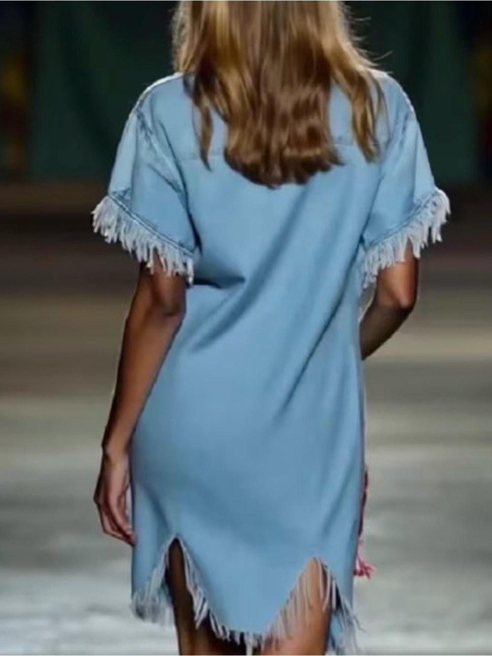 Light Wash Denim Fringe Shirt Dress - Sky Blue - Picture 2 of 3